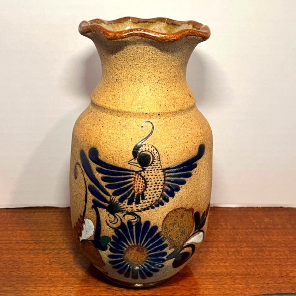 Vintage Tonala Mexican Folk Art Pottery 8" Vase with Hand Painted Bird